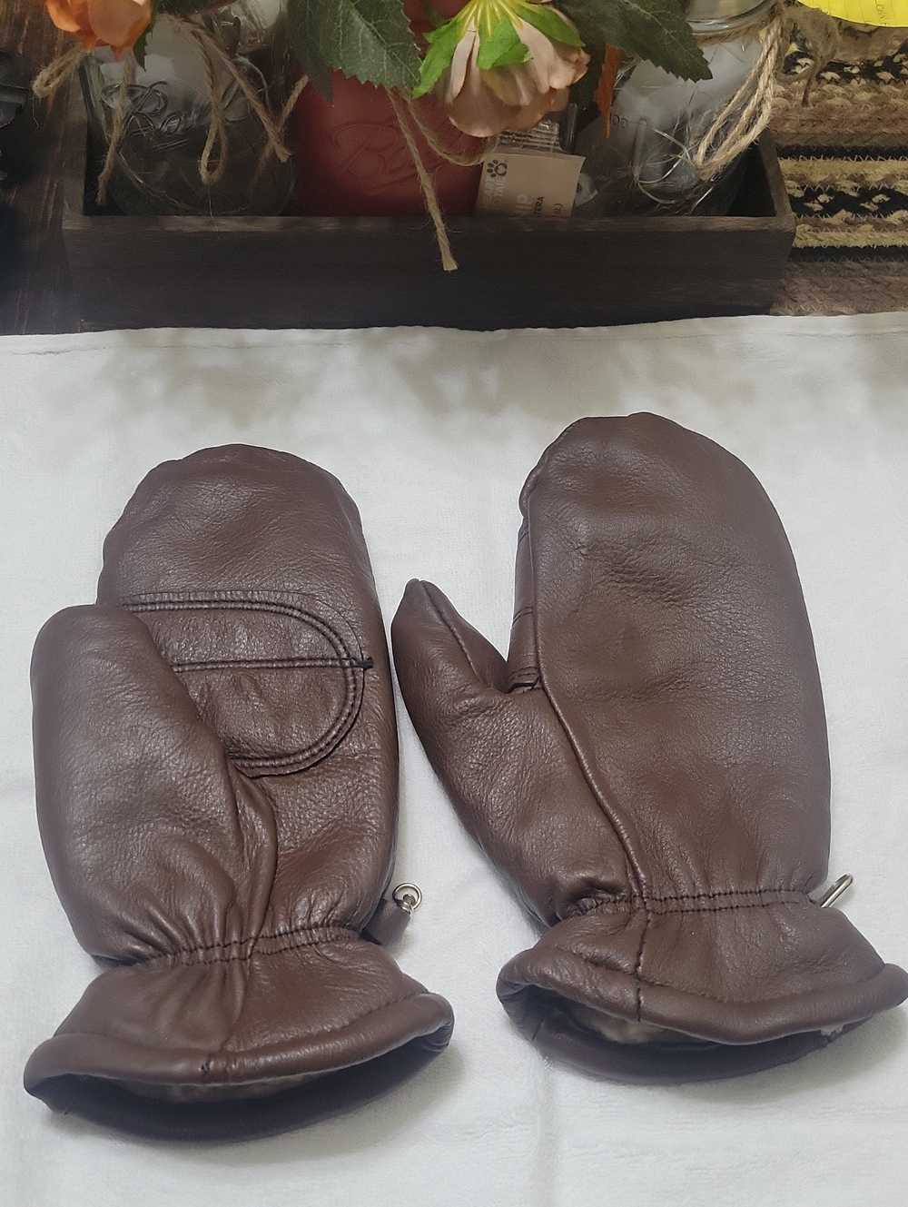 Vintage ZERO Deerskin Leather Chopper Mittens Heavy Wool Pile Lined Brown Small